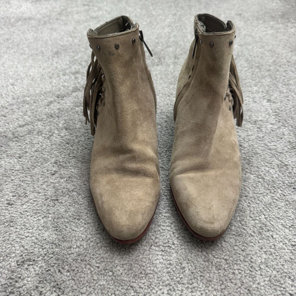 Sam Edelman Fringe Studded Suede Leather Ankle Boots Womens 6M Taupe Low Heel